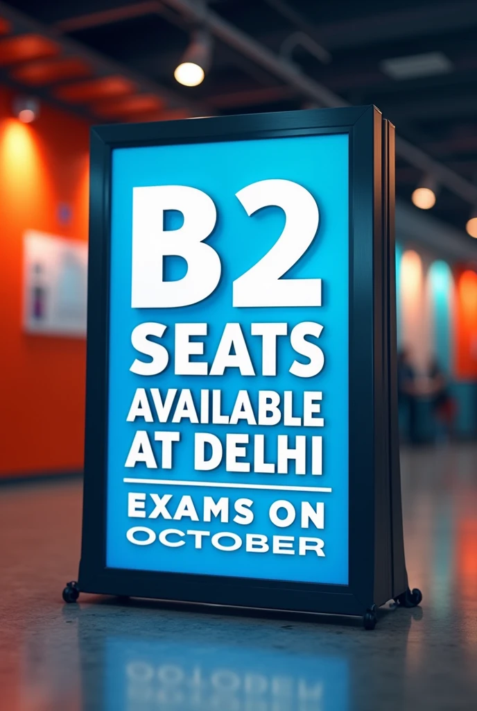 I want a  poster with content "B2 SEATS AVAILABLE AT DELHI " EXAMS ON OCTOBER DM NOW