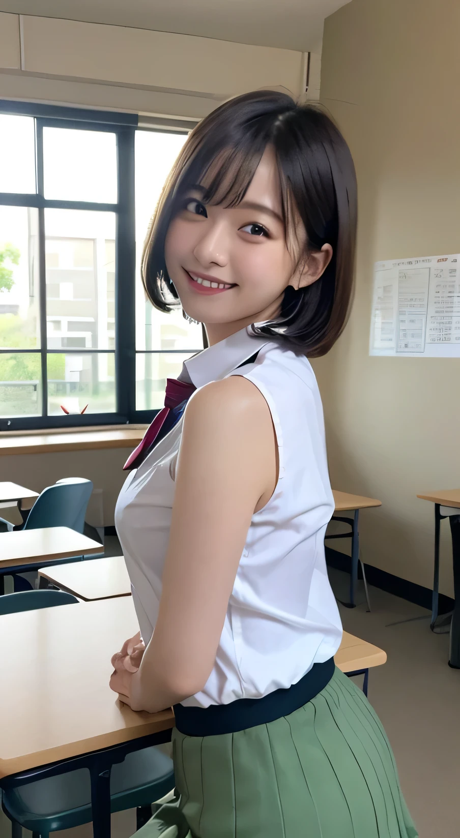 Tabletop, Highest quality, figure, Very detailed, In detail, High resolution, 8k wallpaper, Perfect dynamic composition, Beautiful attention to detail, (short hair)、Small breasts, Arched back,Randomly sexy poses,smile、cute、sexy shot looking at camera,Perfect and beautiful face、Sleeveless shirt、Collared shirt、24-years-old、female teacher、mermaid skirt、smile、Simple Necklace、staff room、School、