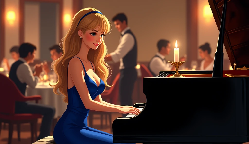 Inside a high-end steakhouse,There is a grand piano in the lobby,Many customers are enjoying dinner。The waiter shuttled between them。One with long blond curly hair、With bangs on the forehead、Young female pianist wearing royal blue evening dress is smiling and playing jazz music。The whole piano must be visible in the picture,A candlestick is placed on the grand piano,emit gentle light。
