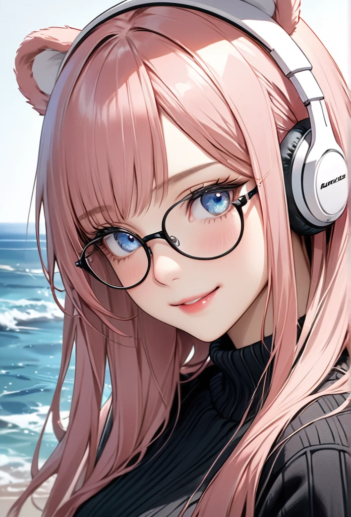 ((highest quality)), ((masterpiece)), (Get used to it), Perfect Face, masterpiece、highest quality、High resolution、High quality picture、8k, 1 woman、Fair skin,black sweater dress, close up white lips upper neckline 、Delicate eye expression、Pink hair mixed with yellow、Long haired girl, wearing bright white bear ear headset,wearing thin glasses,
Perfect Line Drawing, Beautiful line art, Beautiful Ocean Blue Eyes, Beautiful face with attention to detail, (Sweet Smile), charm, Innocent, Side view, (Face with perfect details), (Beautiful Hands) Photorealistic Drawing,