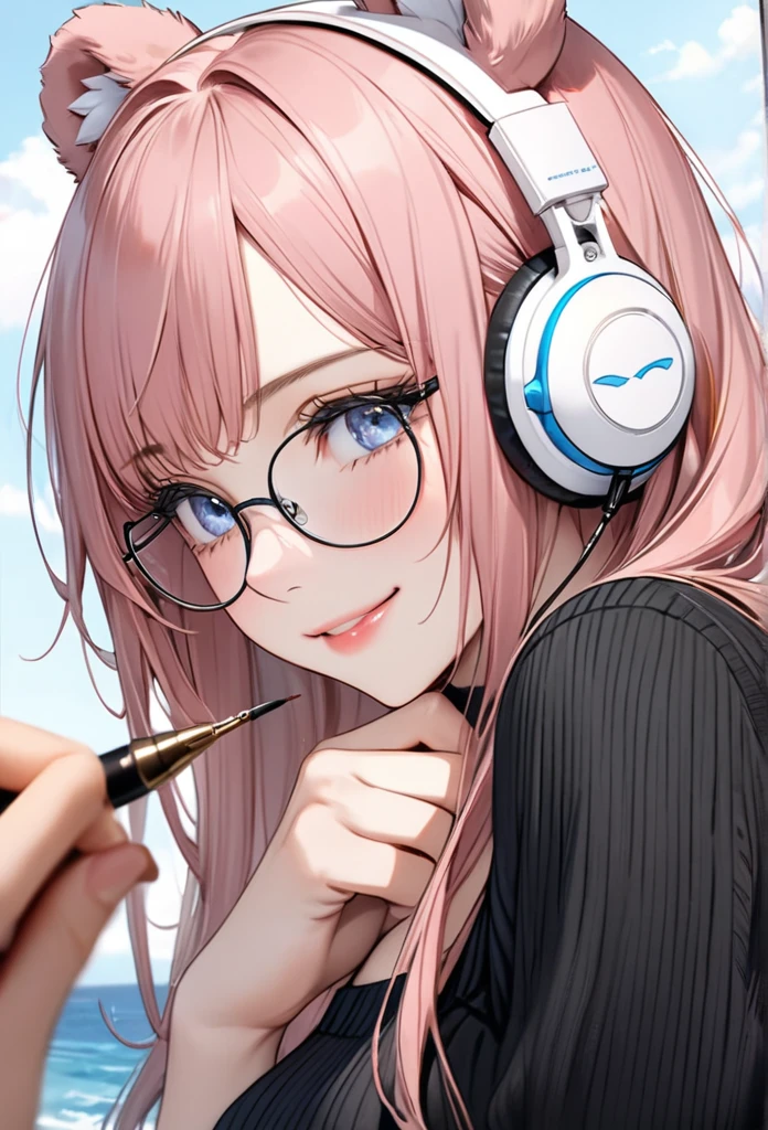 
((highest quality)), ((masterpiece)), (Get used to it), Perfect Face, masterpiece、highest quality、High resolution、High quality picture、8k, 1 woman、Fair skin,black sweater dress, close up white lips upper neckline 、Delicate eye expression、Pink hair mixed with yellow、Long haired girl, wearing bright white bear ear headset,wearing thin glasses, 
 Perfect Line Drawing, Beautiful line art, Beautiful Ocean Blue Eyes, Beautiful face with attention to detail, (Sweet Smile), charm, Innocent, Side view, (Face with perfect details), (Beautiful Hands) Photorealistic Drawing,