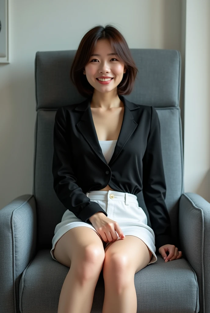 (masterpiece:1.2,8k, raw photo, ultra quality), absurdres, (photo realistic:2), high detail raw color photo,skiny skin, professional photograph,((best quality))、Beautiful Japanese office lady、pencil skirt、Dress shirt、Panty peeking、skirt lift、White panties、smile、View your viewers、Please stretch your legs and rest.、short hair、White Background、Sit on a chair、