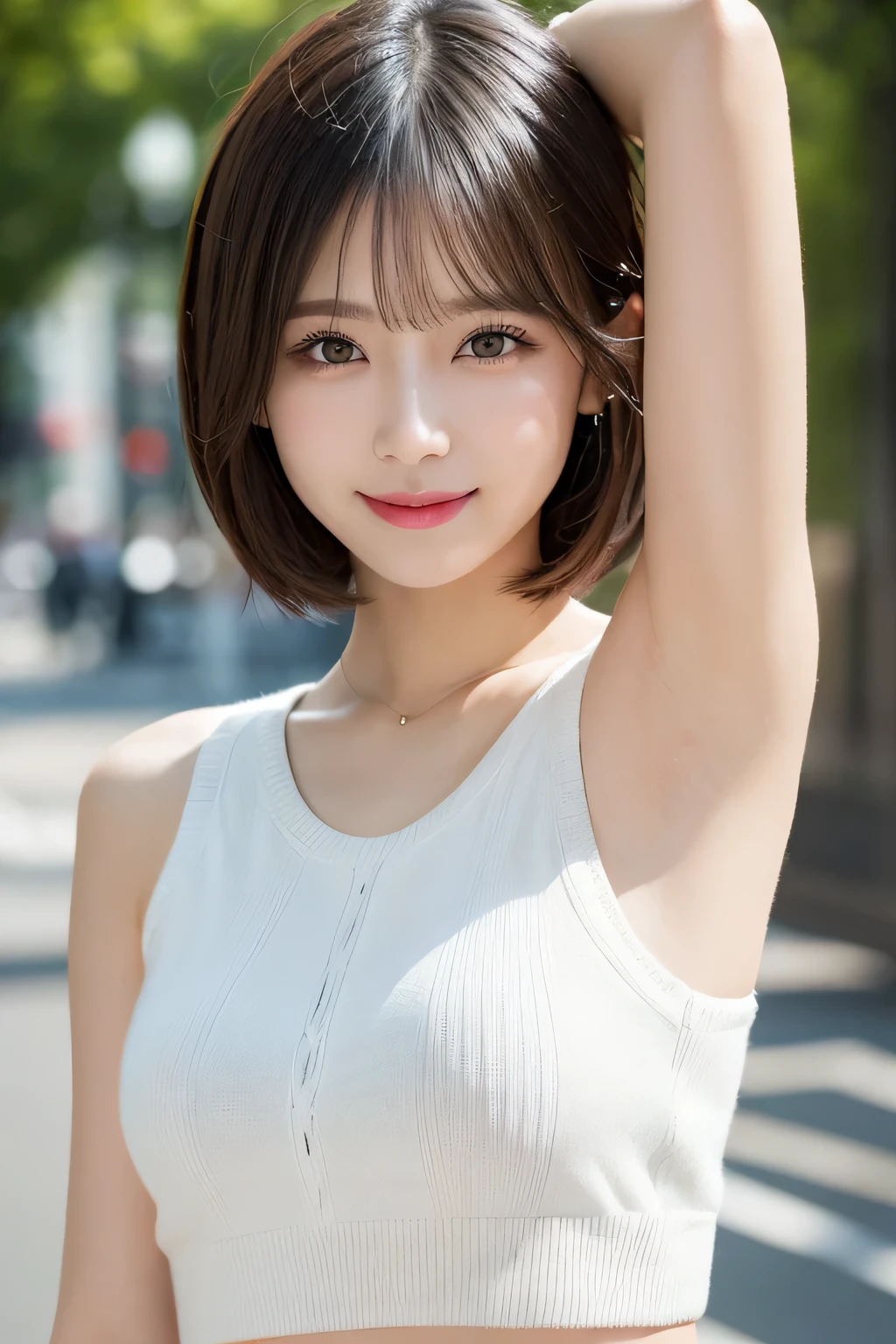 masutepiece, Best Quality, Illustration, Ultra-detailed, finely detail, hight resolution, 8K Wallpaper, Perfect dynamic composition, Beautiful detailed eyes, Women's Fashion Summer,Short bob hair,Small breasts natural color lip, Bold sexy poses,Smile,Harajuku,18 years girl,Cute,Sexy shot looking at camera,Sleeveless knitwear,White knitwear,Armpits,bura,Floral hair ornament,Large Breasts:1.2, Slim Body:1.2,
