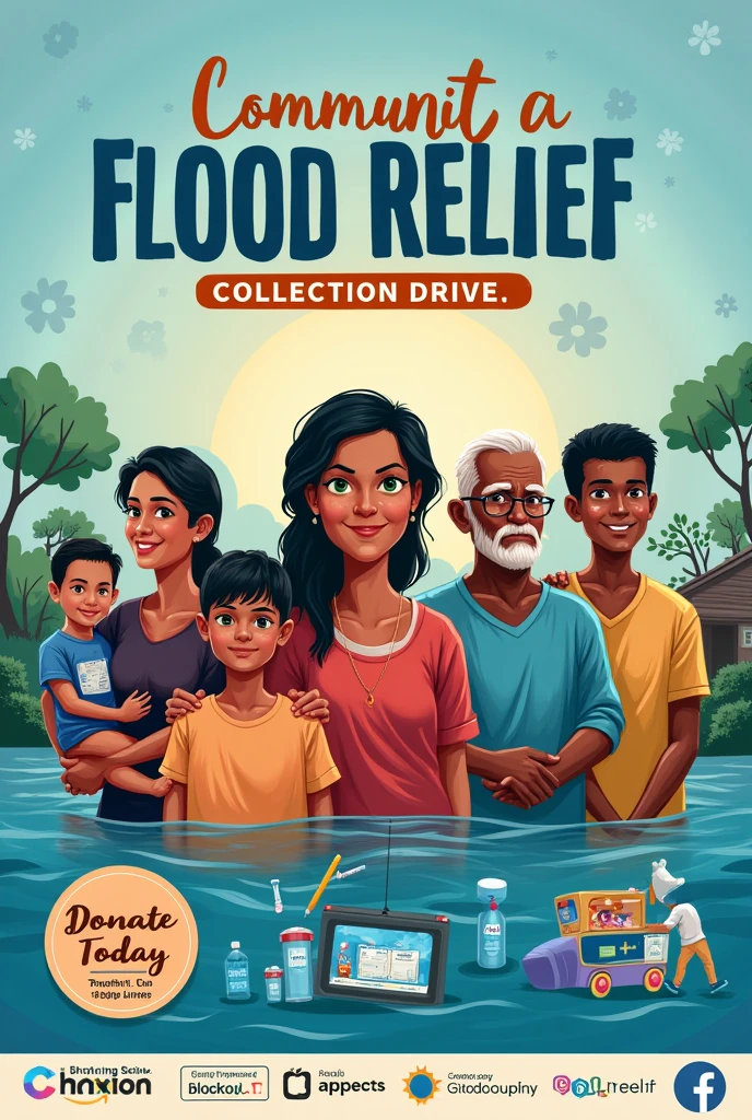 Create a Facebook banner for a flood relief collection drive. The banner should have a community-focused theme with a background showing subtle water waves or a flood-affected area. Include icons or images of essential relief items like canned food, bottled water, blankets, and hygiene products. Use bold and readable text for the headline 'Flood Relief Collection Drive' at the top, and additional text saying 'Donate Today' and 'Together, We Can Help Rebuild Lives!' Ensure the colors are warm and inviting, with a mix of blues and earthy tones to represent water and community strength. For bangladesh peoples included child, woman, man, old, sick 
