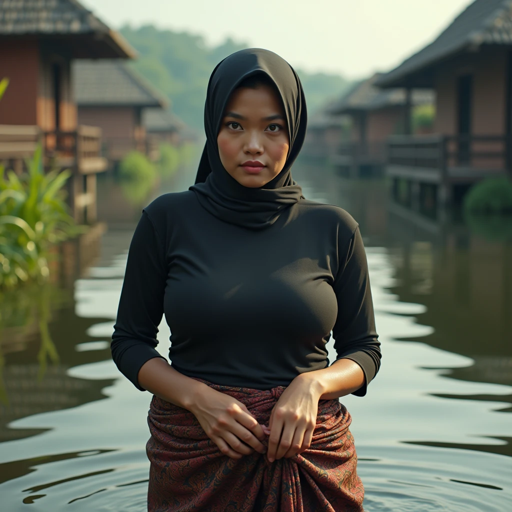 portrait of beautiful indonesian mom, huge breasted, hijab,wearing longsleeve tight black t-shirt and batik sarong, washing clothes in the water, with a background of lake village, look at the viewer, super HD, 8K, hyper realistic, cinematic, natural light,