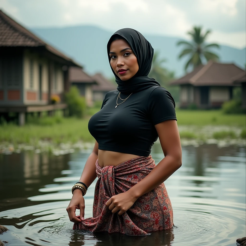 portrait of beautiful indonesian woman, huge breasted, hijab,wearing longsleeve tight black t-shirt and batik sarong, washing clothes in the water, with a background of lake village, look at the viewer, super HD, 8K, hyper realistic, cinematic, natural light,