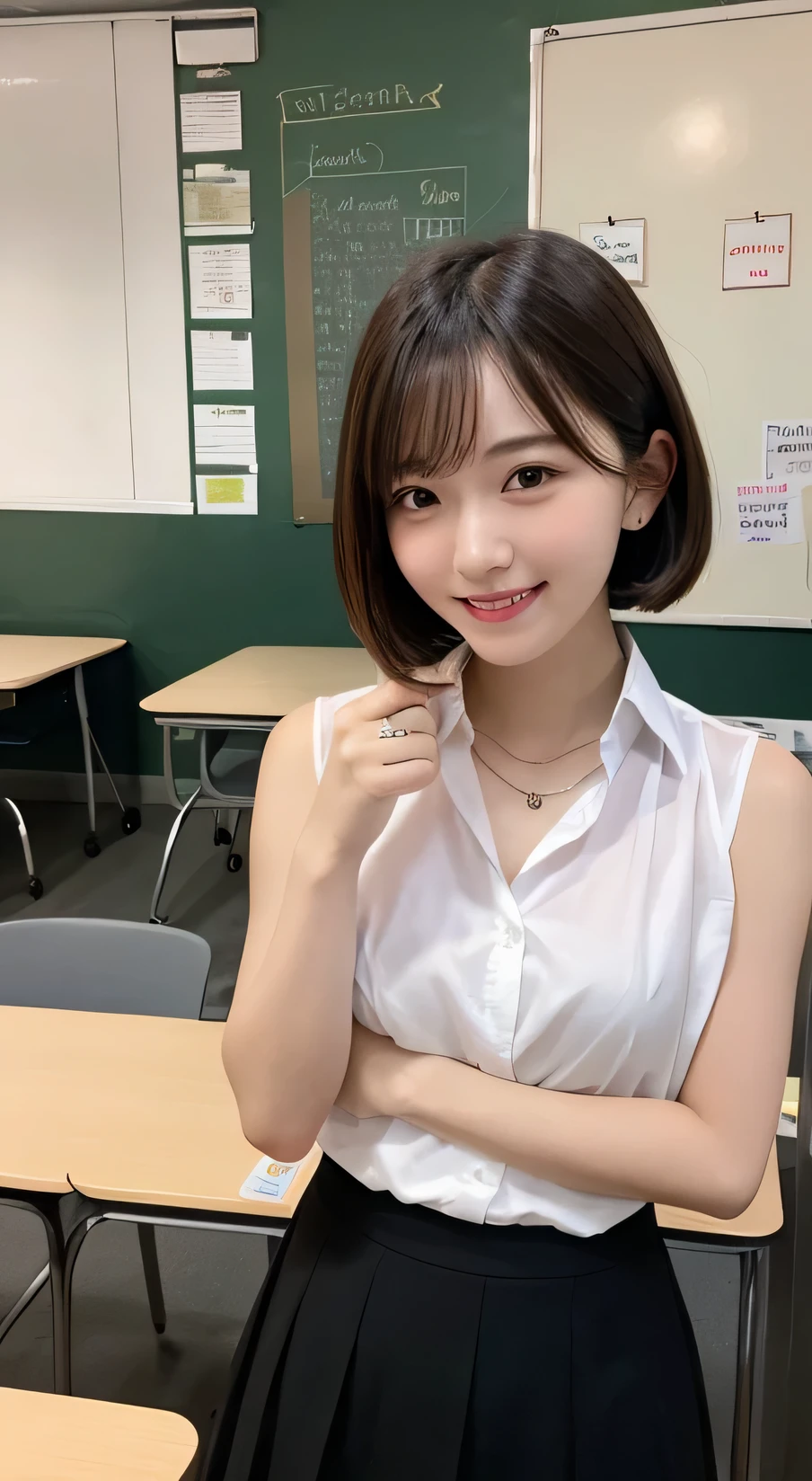Tabletop, Highest quality, figure, Very detailed, In detail, High resolution, 8k wallpaper, Perfect dynamic composition, Beautiful attention to detail, (short hair)、Small breasts, Arched back,Deflect the waist、Push out your chest,smile、cute、sexy shot looking at camera,Perfect and beautiful face、Sleeveless shirt、Collared shirt、24-years-old、female teacher、mermaid skirt、smile、Simple Necklace、staff room、School、