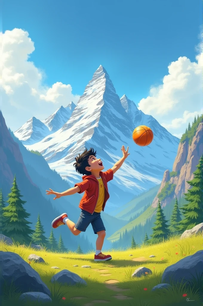 Boy playing ball in mountains