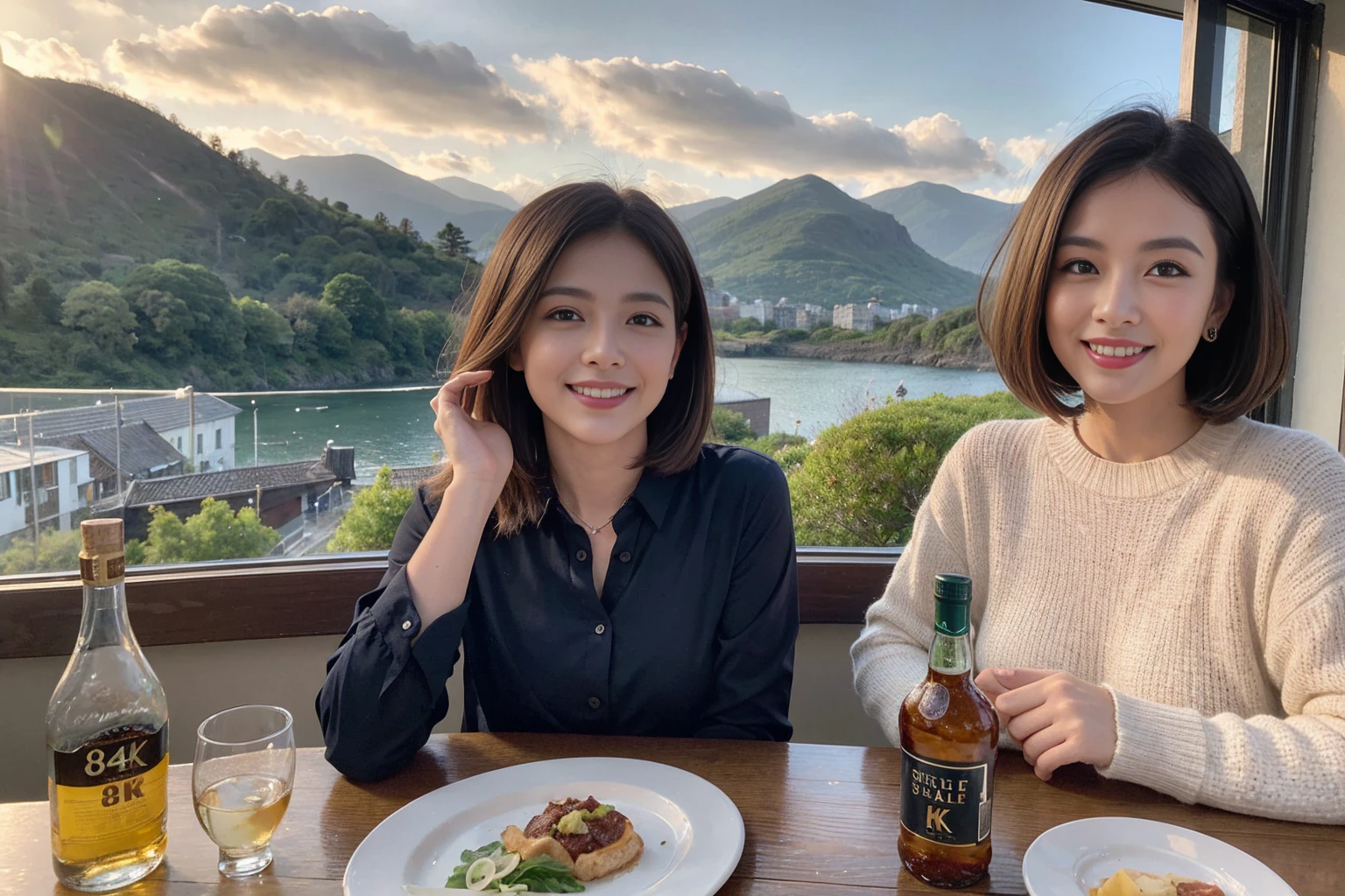 ((Highest quality、8k、masterpiece:1.3))、1 male、1 female、spouse、Beautiful couple、smile、 (Slim face), (The body is スリム), (Brown Hair), (Shortcuts), ((Bob Hale、Straight hair:1.2)), Whiskey bottle and glass on table、Single Malt、scotch、Shot Glass、on the rocks、Scotland、shine light on the face、 Amazing view of the sunset sky and clouds、Amazing mountain views、smileの美しさ、Bright image、blush, Shortcuts,Bright Face、 (4), 3, Appetizers、Italian food、Long sleeve shirt、dress、Attractive beauty、restaurant, Nova Frog Style, actress, model, Upper Body,