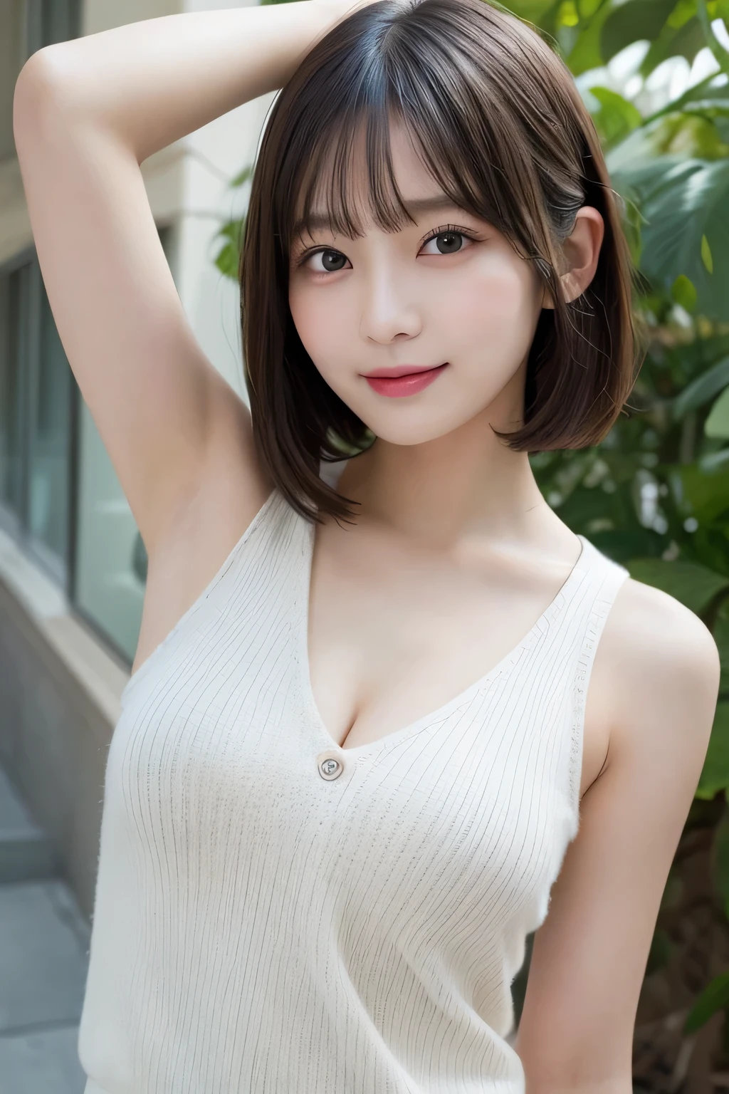 masutepiece, Best Quality, Illustration, Ultra-detailed, finely detail, hight resolution, 8K Wallpaper, Perfect dynamic composition, Beautiful detailed eyes, Women's Fashion Summer,Short bob hair,Small breasts natural color lip, Bold sexy poses,Smile,Harajuku,18 years girl,Cute,Sexy shot looking at camera,Sleeveless knitwear,White knitwear,Armpits,bura,Floral hair ornament,Large Breasts:1.2, Slim Body:1.2,