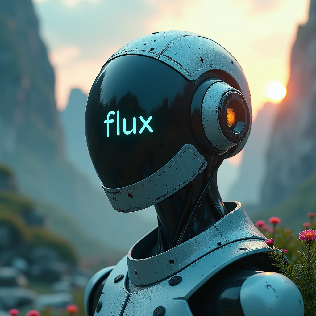 Surreal landscape,A robot helmet with the word “FLUX”; written on the screen,Facing the screen,close up