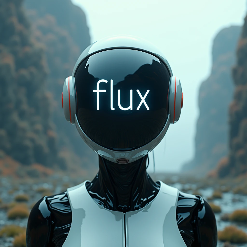 Surreal landscape,A robot helmet with the word “FLUX”; written on the screen,Facing the screen,close up