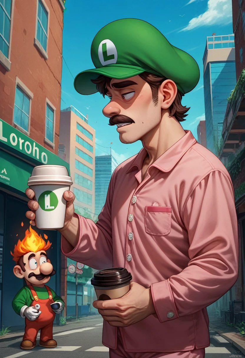 Fraction_9, Fraction_8_up, Fraction_7_up, 1 boy, tired, Look away, permanent, Holding a coffee cup, Eye bags, outdoor, City, fire, combustion, combustion building, IncrsLuigi, Luigi, Green headdress, Pink pajamas,