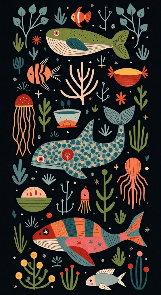 A Scandinavian-inspired print featuring animals in bold, geometric shapes and rich colors like reds, greens, blues, yellows, pinks, and whites. The design includes elements of nature such as Boats, whales, clownfish, octopus, jellyfish, turtles, coral . It has a white background with no shadows, creating an abstract composition that is both colorful and playful, in the style of Bob Staake.