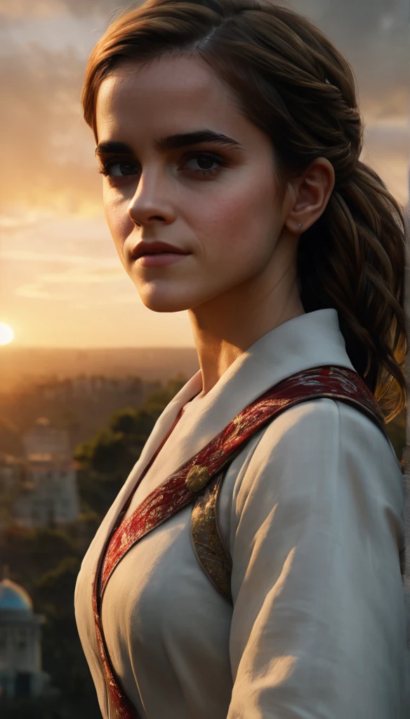 (Emma Watson) long hair, realistic,highres,reality,creative,huge filesize, Palestine flag flying in the wind with a sunset in the background unreal engine, octane render, trending on artstation, incredible detail