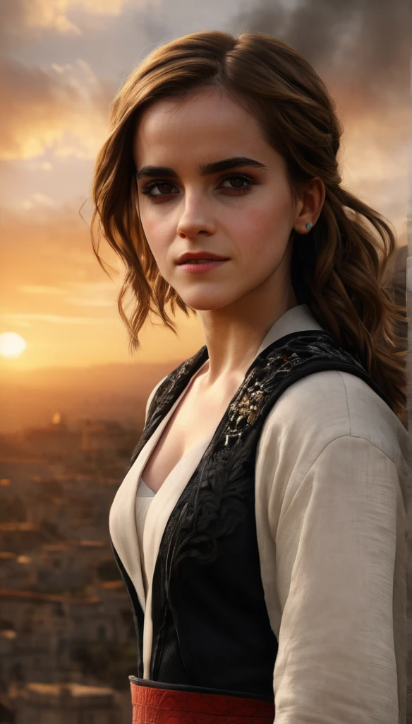 (Emma Watson) long hair, realistic,highres,reality,creative,huge filesize, Palestine flag flying in the wind with a sunset in the background unreal engine, octane render, trending on artstation, incredible detail