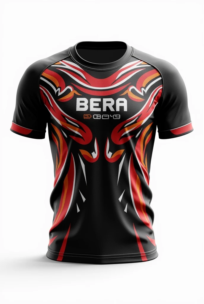 Create rugby jersey  black round neck black red white orange white Maori tribe  pattern white background  wrote BERA rugby