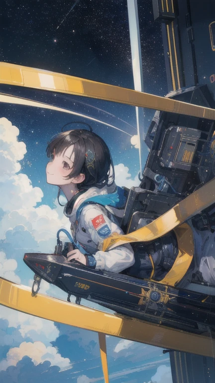 (((masterpiece))), (((Highest quality))), ((Very detailed)), (Highly detailed CG illustrations), ((Very delicate and beautiful)),(From the side),Cinematic Light,A girl climbs into the cockpit、Black Hair、long、Boarding a small spaceship，In the cockpit，Starry Sky, Big Clouds,colored glaze,Golden Universe，Space Station、Preparing for takeoff、Spacesuit、Aiming for Andromeda、Toa Heavy Industries decals、Lonely smile，A cable connects the body to a small spacecraft、Close the hatch，Complex Instrumentation