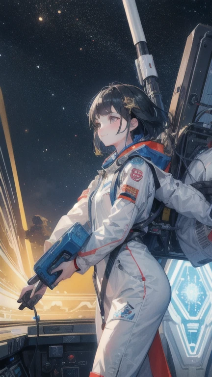 (((masterpiece))), (((Highest quality))), ((Very detailed)), (Highly detailed CG illustrations), ((Very delicate and beautiful)),(From the side),Cinematic Light,A girl climbs into the cockpit、Black Hair、long、Boarding a small spaceship，In the cockpit，Starry Sky, Big Clouds,colored glaze,Golden Universe，Space Station、Preparing for takeoff、Spacesuit、Aiming for Andromeda、Toa Heavy Industries decals、Lonely smile，A cable connects the body to a small spacecraft、Close the hatch，Complex Instrumentation