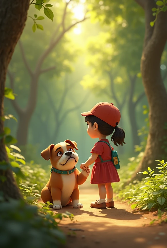 From the image I uploaded, I want a composition of that girl accompanied by her bulldog, in Disney pixar style, in a wooded park