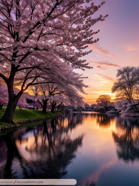 sunset, animated cartoon, lake, cherry blossom tree