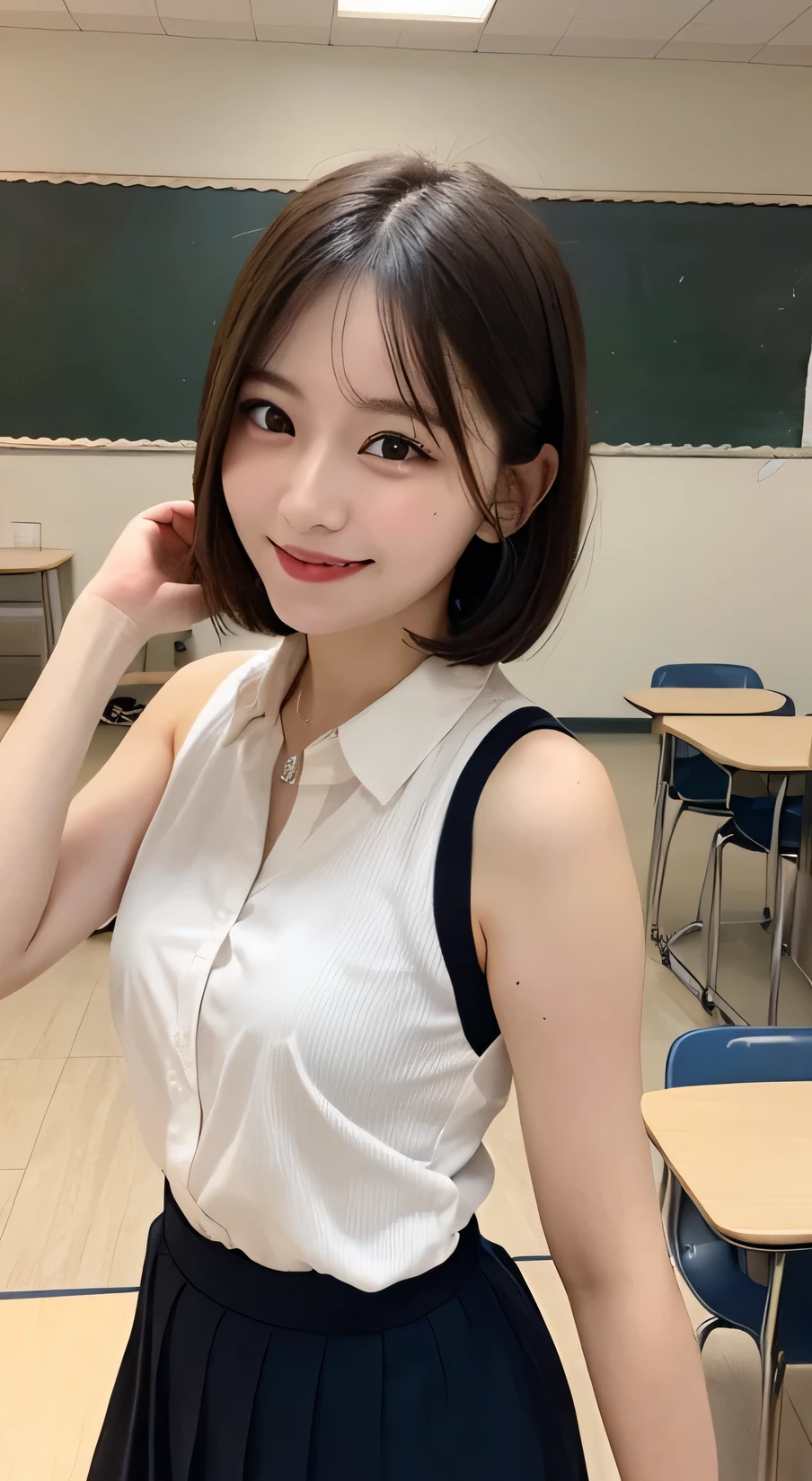 Tabletop, Highest quality, figure, Very detailed, In detail, High resolution, 8k wallpaper, Perfect dynamic composition, Beautiful attention to detail, (short hair)、Small breasts, （Arched back）,Deflect the waist、Push out your chest,smile、cute、sexy shot looking at camera,Perfect and beautiful face、Sleeveless shirt、Collared shirt、24-years-old、female teacher、mermaid skirt、smile、Simple Necklace、staff room、School、