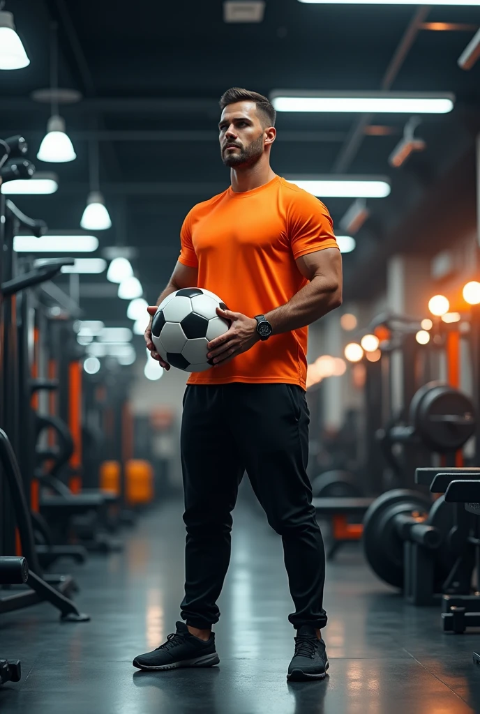 a man wearing black pants and orange shirt ,standing in front of fitness equipment inside a shop, looking ahead, holding a soccer ball, photorealistic, dynamic lighting, highly detailed, 8k, best quality