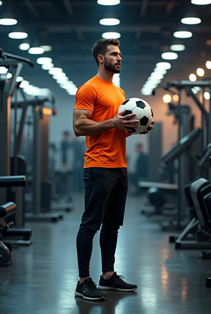 a man wearing black pants and orange shirt ,standing in front of fitness equipment inside a shop, looking ahead, holding a soccer ball, photorealistic, dynamic lighting, highly detailed, 8k, best quality