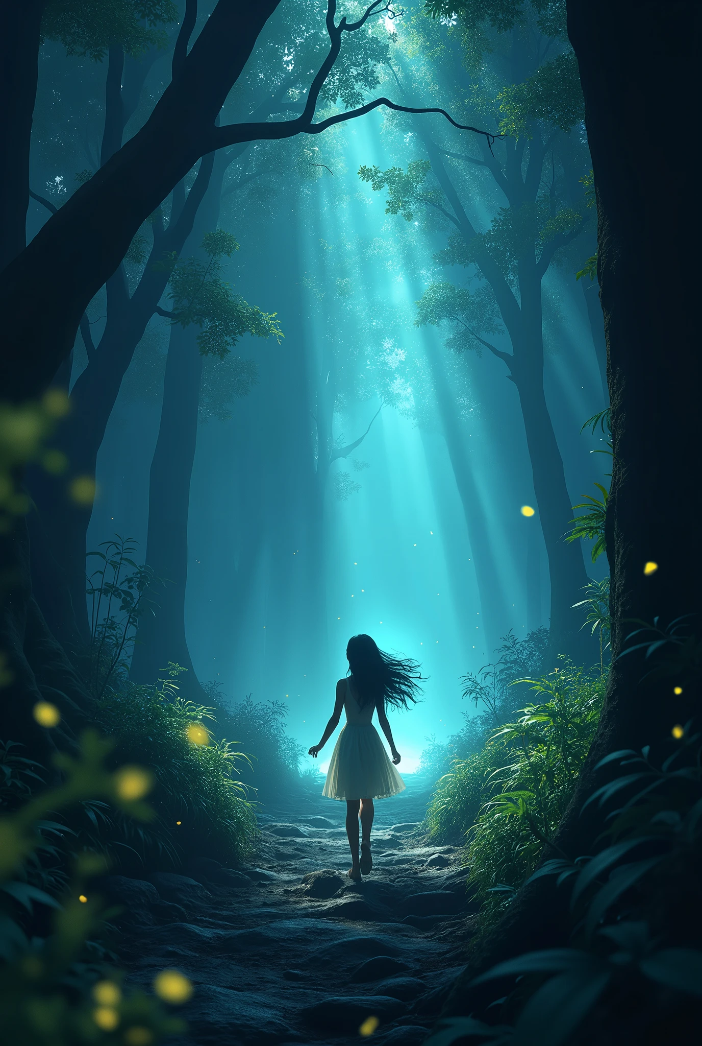 Generate in 3d cinematic and cartoon style**: A dreamlike sequence showing Radhika walking through a dark forest, with trees casting long shadows, and a mysterious light guiding her path towards the deeper part of the jungle