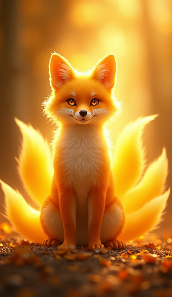 Facing forward,In the golden glow, Became a fox, Cute fox. Her golden fur radiated a magical aura.., And its nine tails moved with agility and grace.. Wake up in a new look,