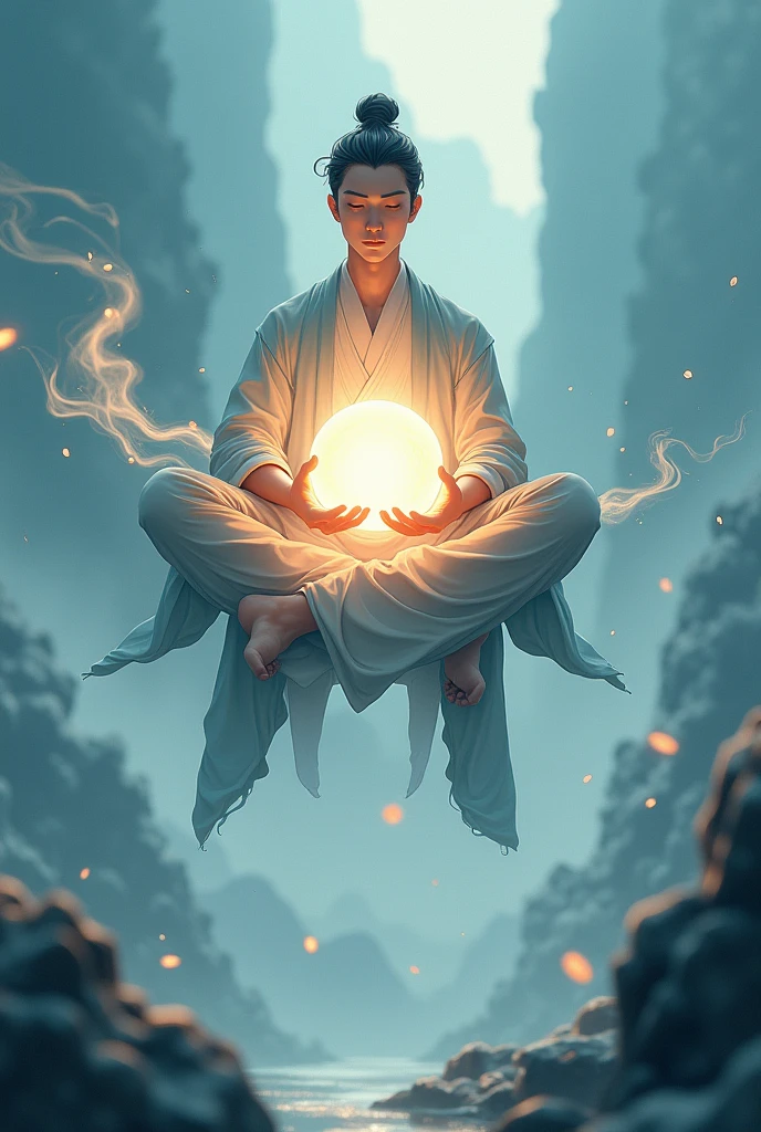 A man sitting but floating in the air in a Chinese style cultivating posture with a circular white globe of light in between his two hands and scmokes coming from his back

Make it in an anime style