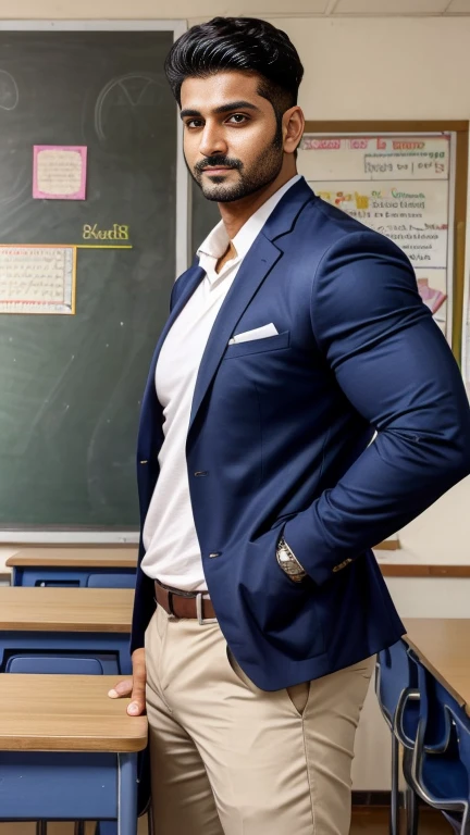 Straight couple (boy and 40 years old lady) body playing, Handsome muscular AARAV GURJAR 1 in school uniform, standing in classroom with lady teacher, he is girls favorite