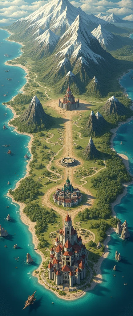 บนโต๊ะ แผนที่ขนาดใหญ่พิเศษประกอบด้วยภูมิประเทศ เช่น seaทราย, volcano , Snow Mountain , sea , Medium forest , Large dense forests, cities and countryside and forests , A map of a large fantasy world , รอบแผนที่ทุกด้านคือsea, The large continent has contiguous areas and consists of 3 human countries. , Country 1 is in the upper left corner of the map. , The second country is at the bottom of the map. , The third country is located to the right of the first country. , There are large international forest areas.,On the right side of the third country, there is a large and very long forest area, which is the territory of the Elf tribe. , ด้านขวาของดินแดนของเผ่าเอลฟ์ เป็นพื้นที่seaทราย , Human countries are surrounded by castles and cities. , ด้านขวาของประเทศที่3 มีพื้นที่sea และมีหลุมดำขนาดใหญ่อยู่กลางsea , ด้านขวาของหลุมดำขนาดใหญ่ มีsea และด้านขวาเป็นพื้นที่ภูเขาสูงของเผ่ามังกร , There are flying dragons in the mountains and it is a snowy area. , (The Elves live in a city with large trees that are taller than the surrounding forest. , The castles of the three human tribes have different styles and colors, divided into red, yellow, and blue. , Around the human city are houses, markets, and walls surrounding the city. , A distant and expansive view of the world map. , The three human castles must be far apart, with a forest area in the middle of the path. , top view
