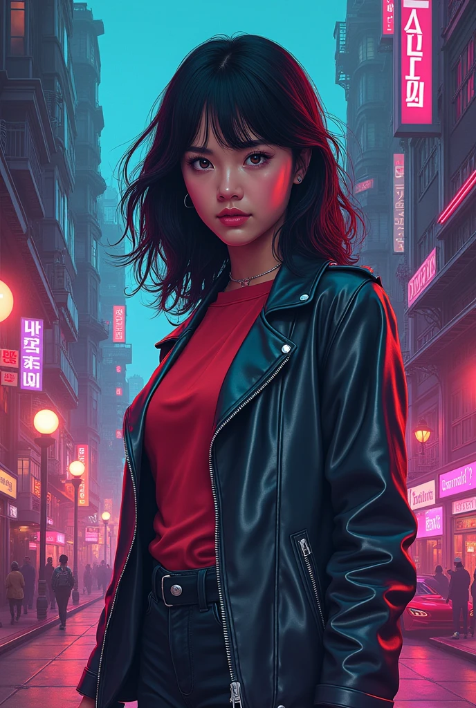 an 80s-themed thriller movie poster combining 'Tales from the Loop' by Simon Stålenhag and comic book illustration art. A young korean woman in college inspired nayeon of twice