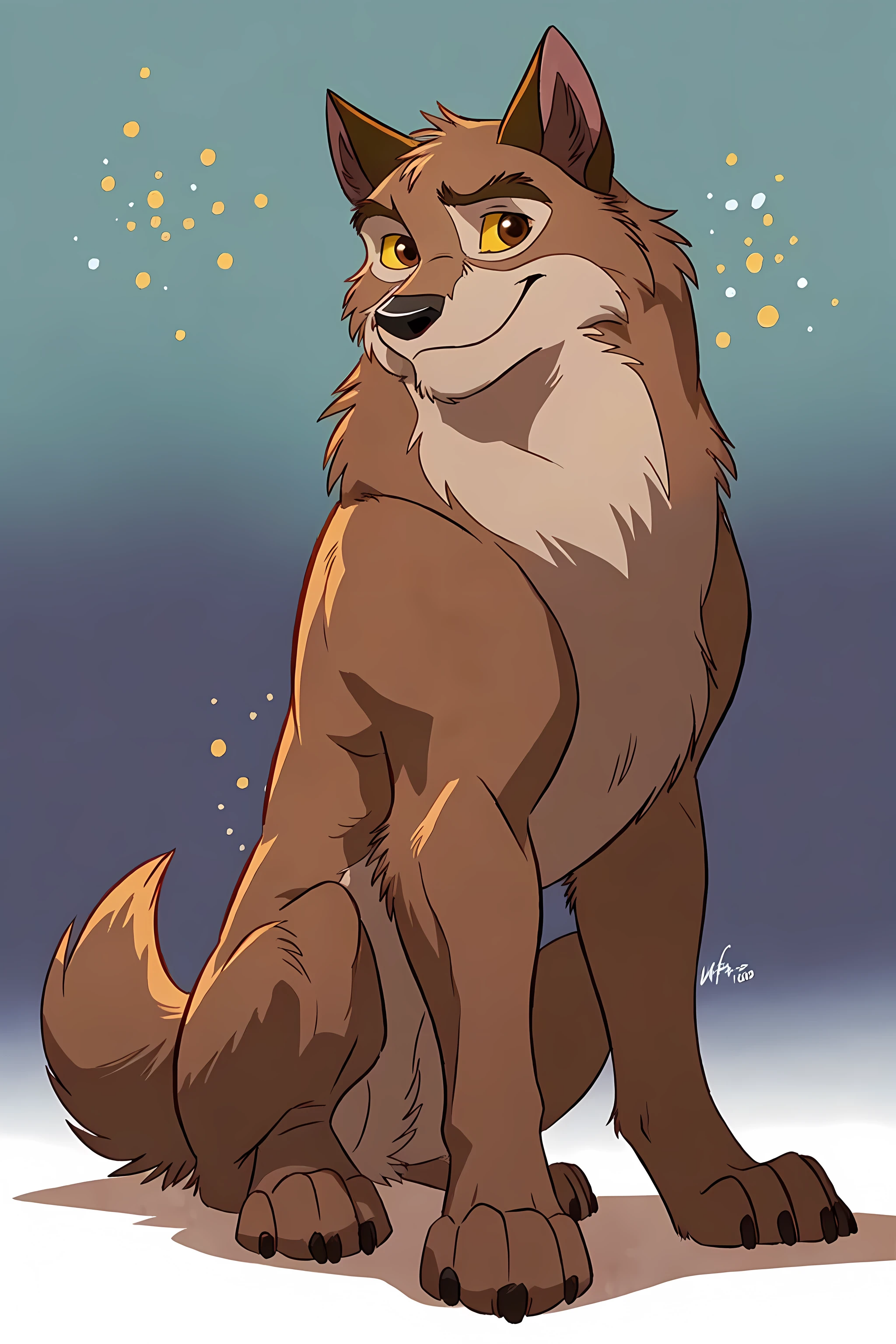 balto, solo, detailed, detailed eyes, (feral, feral body:1.2), black lineart, black outline, male, muscular body, brown eyes, yellow sclera, cartoon shading, cel shaded:1.0, confident, proud, (stylized background, stylized snowflakes, blue background, gradient background, simple background):1.2, by wfa, by negger, posing, correct anatomy, correct proportions, pectorals, full body, big paws, sitting