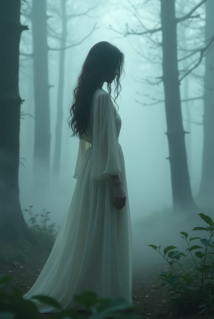 A young Japanese woman stands in the middle of a mystical, misty forest. The atmosphere is dreamy and ethereal, with thick fog enveloping the scene and making her figure vague and eerie. She is wearing a long dress made of thin, fine fabric, with long, wavy brown hair hanging down her back. Soft light that spreads through the thick fog casts a soft glow on her almost invisible face. The background, covered in thick fog, enhances the beauty of the serene, timeless moment. Very real, dramatic, cinematic colors