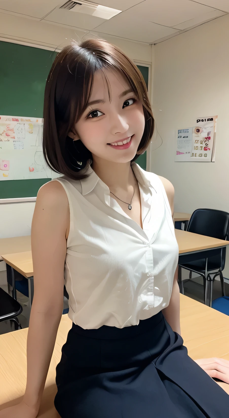 Tabletop, Highest quality, figure, Very detailed, In detail, High resolution, 8k wallpaper, Perfect dynamic composition, Beautiful attention to detail, (short hair)、Small breasts, (Arched back),Deflect the waist、Push out your chest,smile、cute、sexy shot looking at camera,Perfect and beautiful face、Sleeveless shirt、Collared shirt、24-years-old、female teacher、mermaid skirt、smile、Simple Necklace、staff room、School、