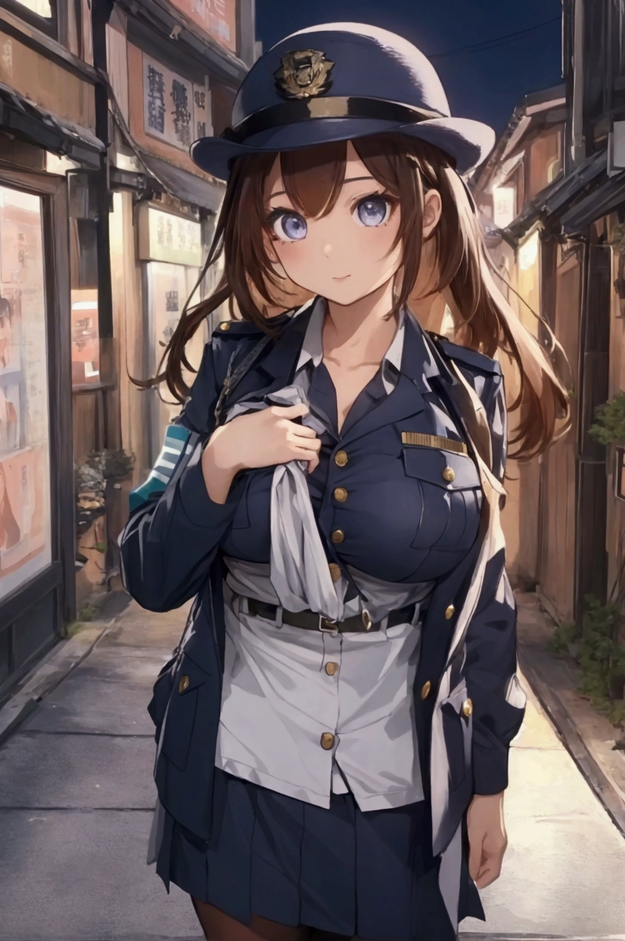 (ultra highres、ultra quality、Masterpiece、8k、),A girl with light hair drawn in high resolution policewoman.japannse police woman、Young and cute 、Asian woman,s hot, Japanese Model, Cute Core, , Chubby 、(big breast)、Town、((I can see your chest)).blouse、sexly
