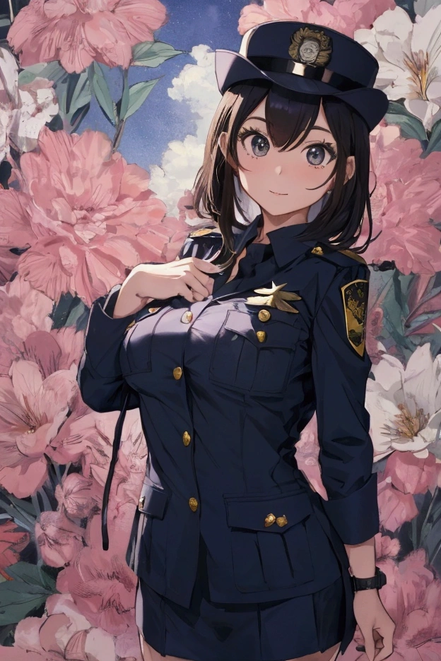 (ultra highres、ultra quality、Masterpiece、8k、),A girl with light hair drawn in high resolution policewoman.japannse police woman、Young and cute 、Asian woman,s hot, Japanese Model, Cute Core, , Chubby 、(big breast)、Town、((I can see your chest)).blouse、sexly