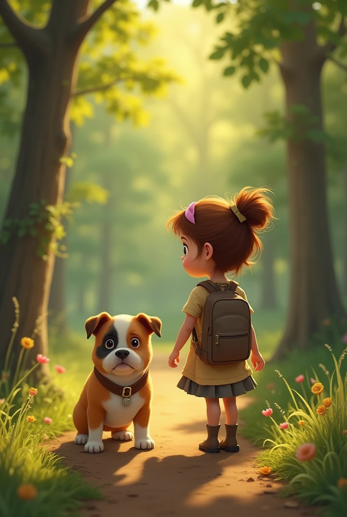 From the image I uploaded, I want a composition of that girl accompanied by her bulldog, in Disney pixar style, in a wooded park