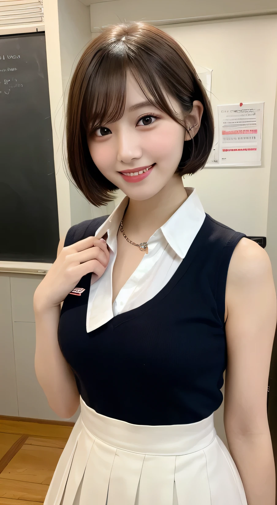 Tabletop, Highest quality, figure, Very detailed, In detail, High resolution, 8k wallpaper, Perfect dynamic composition, Beautiful attention to detail, (short hair)、Small breasts, (Arched back),Deflect the waist、Push out your chest,smile、cute、sexy shot looking at camera,Perfect and beautiful face、Sleeveless shirt、Collared shirt、24-years-old、female teacher、mermaid skirt、smile、Simple Necklace、staff room、School、