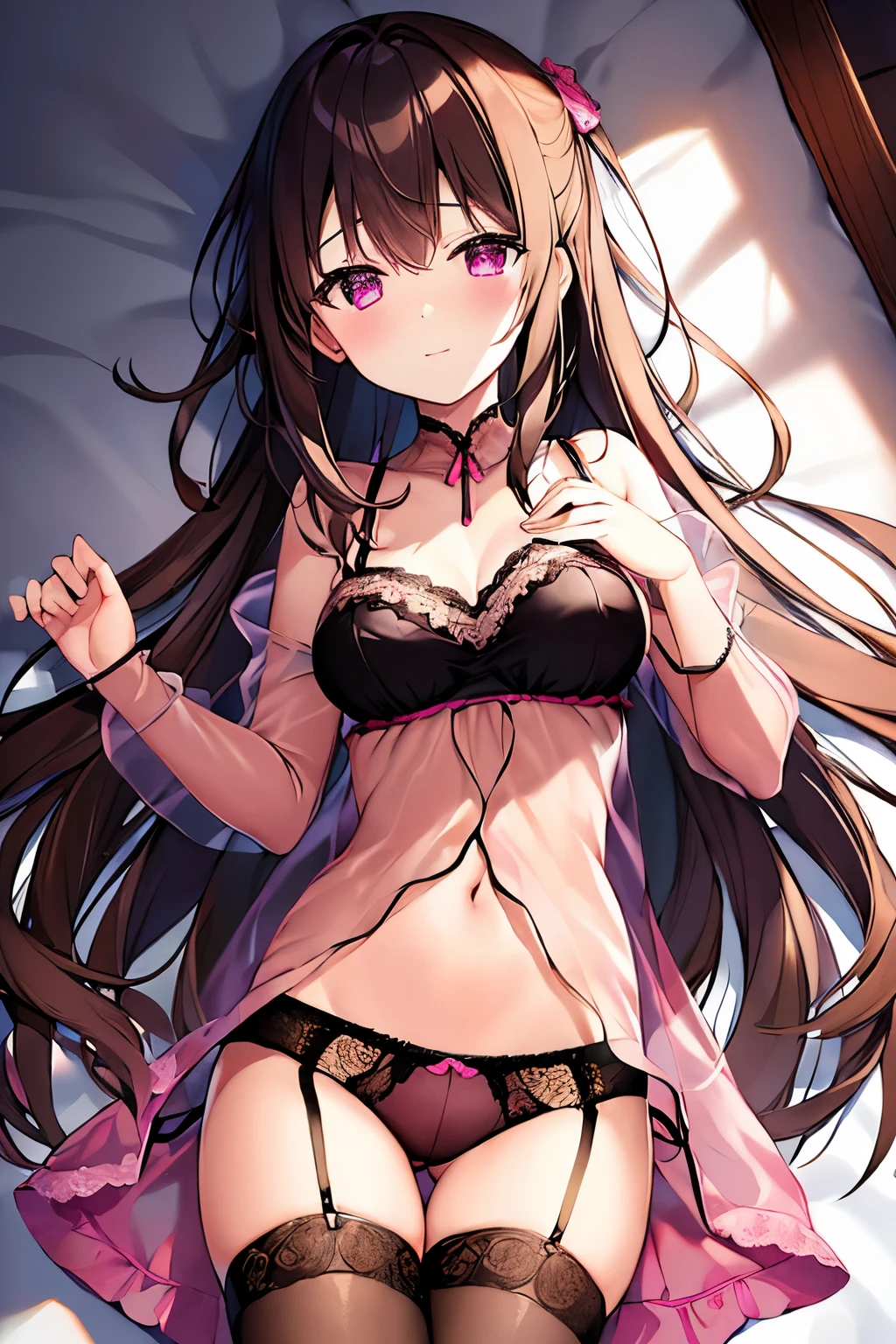 (4K、high resolution、Detailed light、Detailed Shadows、Detailed Design)、1 person、Dark Brown Hair、(Pink underwear)、(Lace Underwear)、garter belt、Lace tights、See-through jacket