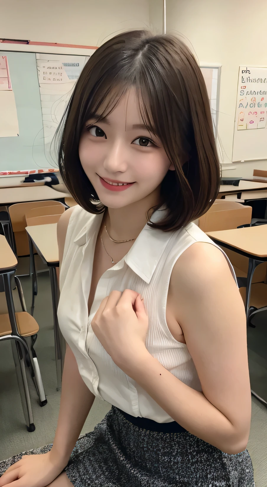 Tabletop, Highest quality, figure, Very detailed, In detail, High resolution, 8k wallpaper, Perfect dynamic composition, Beautiful attention to detail, (short hair)、Small breasts, (Arched back),Lean back、Push out your chest,smile、cute、sexy shot looking at camera,Perfect and beautiful face、Sleeveless shirt、Collared shirt、24-years-old、female teacher、mermaid skirt、smile、Simple Necklace、staff room、School、