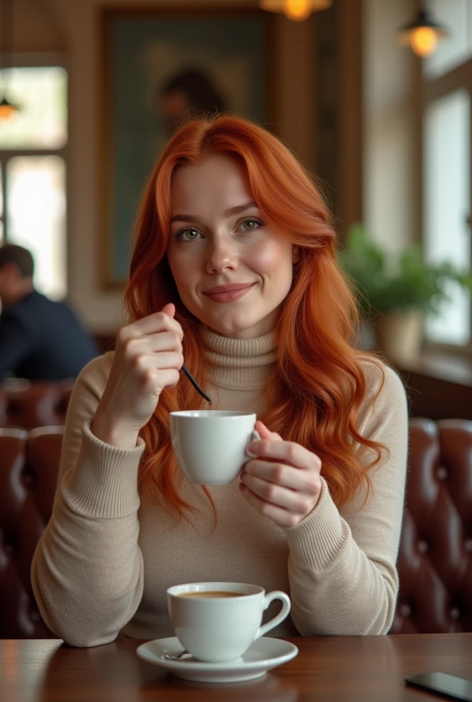((red-haired woman)), ((eyes browns)), ((Polish ethnicity:)), enjoying a cyber cafe café), relaxed atmosphere), ((sipping coffee)), ((Classic interior design)), comfortable seats, sunlight streaming through windows, Elegant and timeless atmosphere, delicate details), ((subtle smile)), (natural beautiful), (feminine charm), warm color tones:1.1), (softfocus:1.2), (realistic lighting), cup of coffee in hand, moderated background conversation, (Well-crafted details), (nostalgic feel:), (homey and inviting),