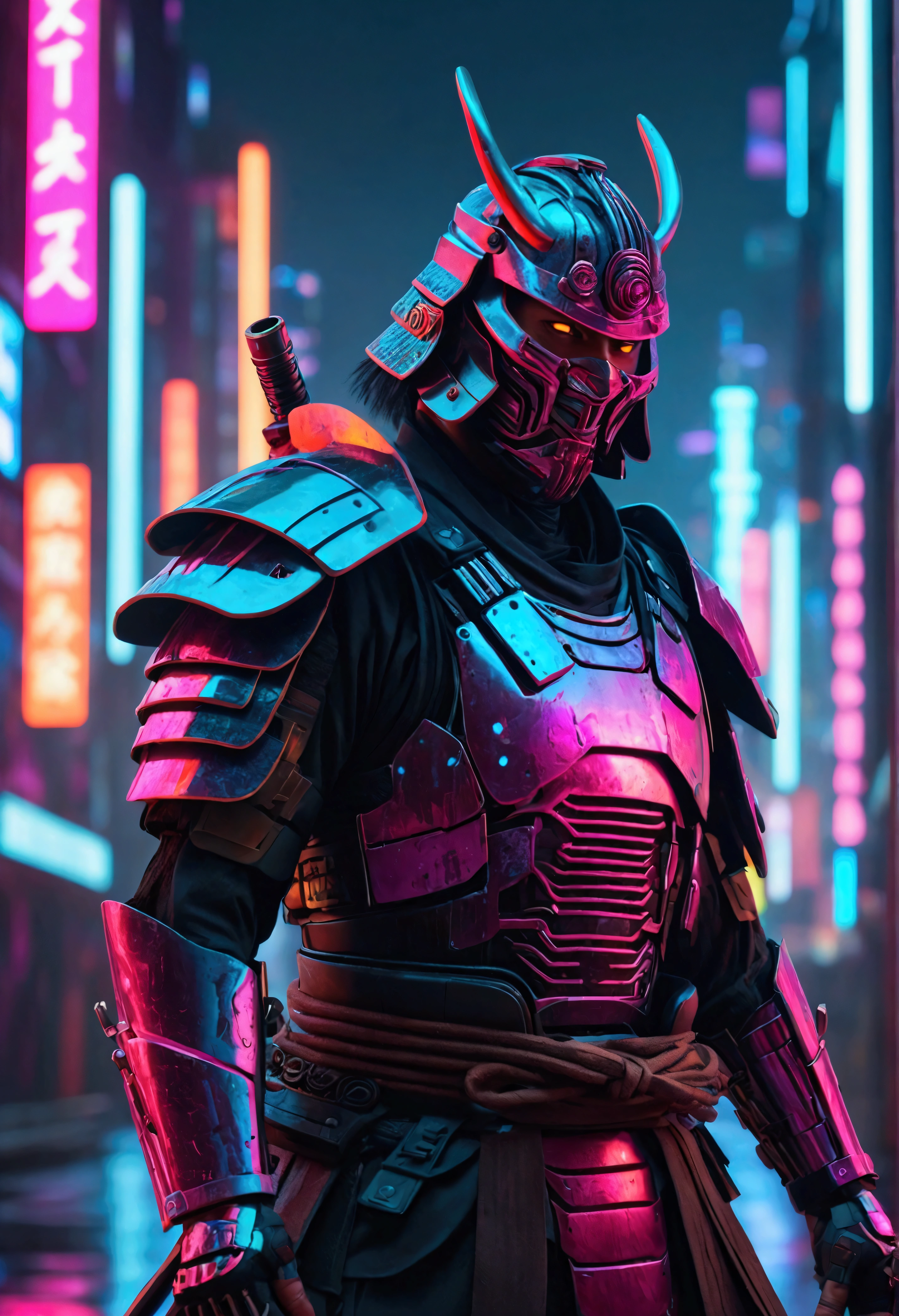 a cyberpunk samurai with a mechanical cyborg body wearing samurai armor, wielding a glowing lightsaber in a neon cyberpunk city background with dramatic lighting and a moody color palette, 8k, 4k, high Resolution, highly Detailed