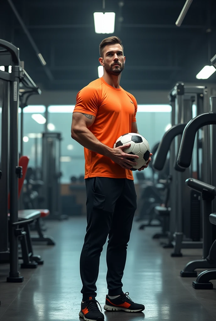 a man wearing black pants and orange shirt ,standing in front of fitness equipment inside a shop, looking ahead, holding a soccer ball, photorealistic, dynamic lighting, highly detailed, 8k, best quality