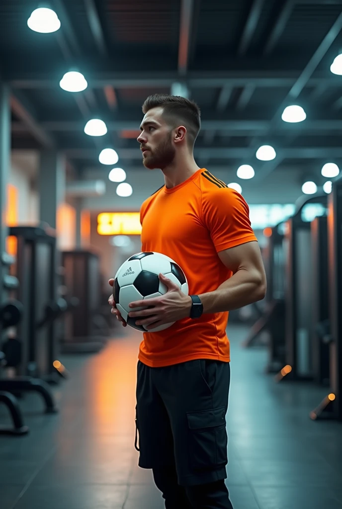 a man wearing black pants and orange shirt ,standing in front of fitness equipment inside a shop, looking ahead, holding a soccer ball, photorealistic, dynamic lighting, highly detailed, 8k, best quality