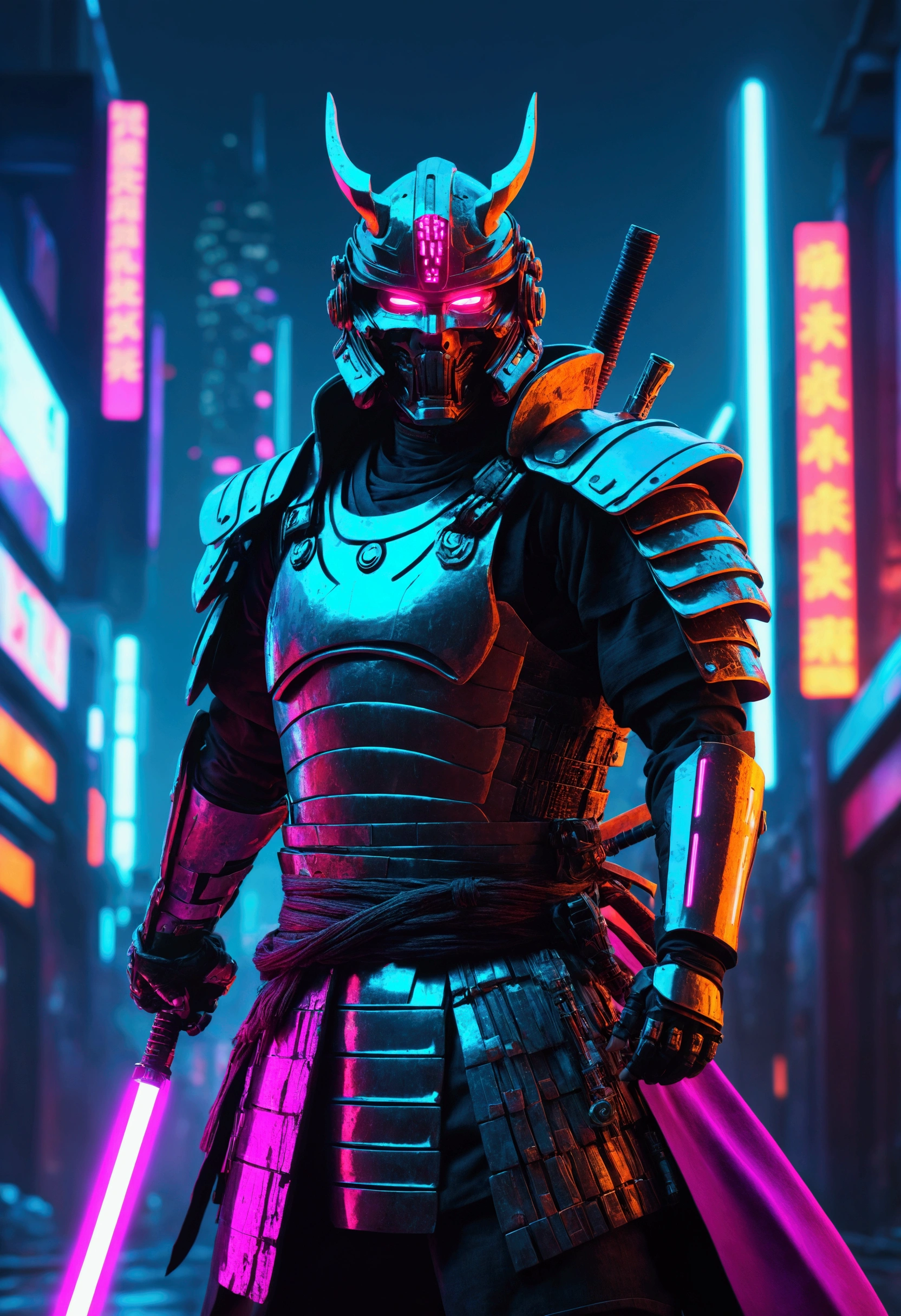 a cyberpunk samurai with a mechanical cyborg body wearing samurai armor, wielding a glowing lightsaber in a neon cyberpunk city background with dramatic lighting and a moody color palette, 8k, 4k, high Resolution, highly Detailed 