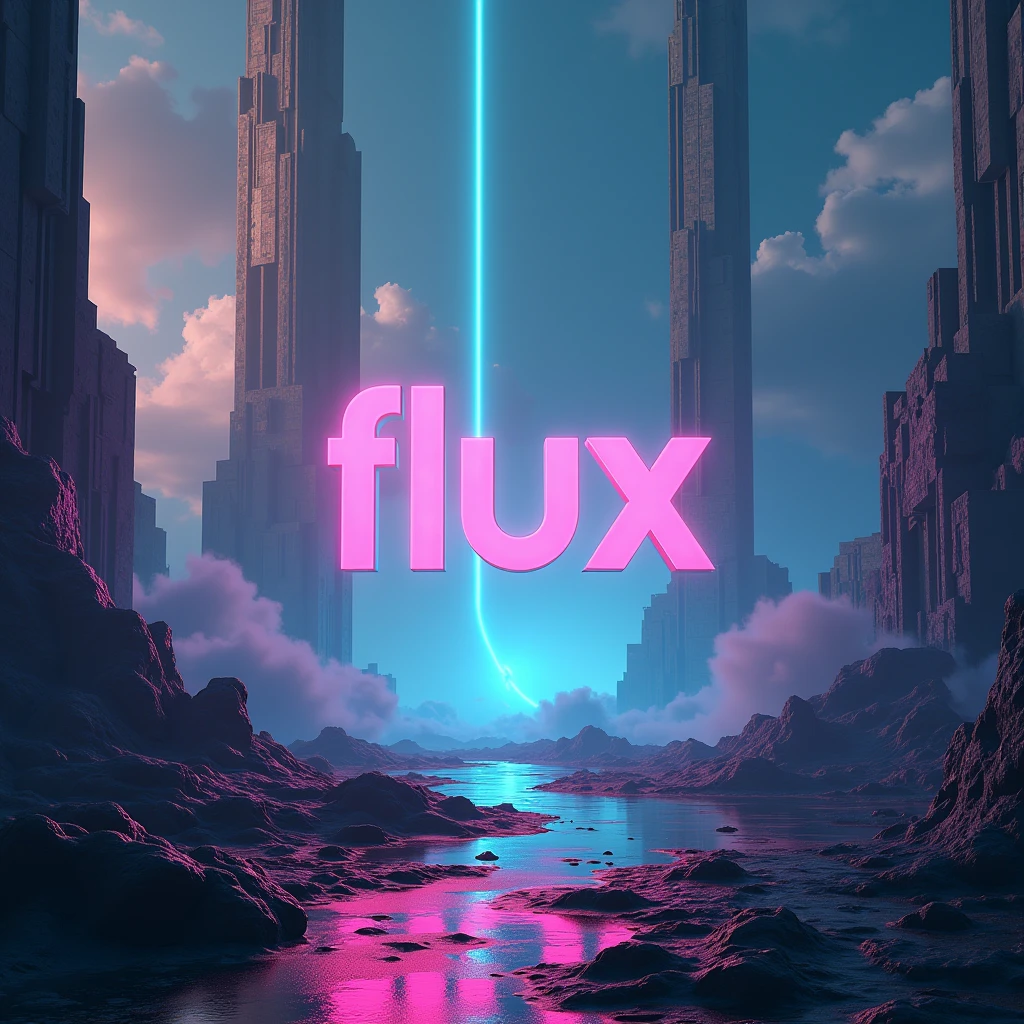 Poster font，The word &quot;FLUX&quot; floats in the air，Surreal landscape