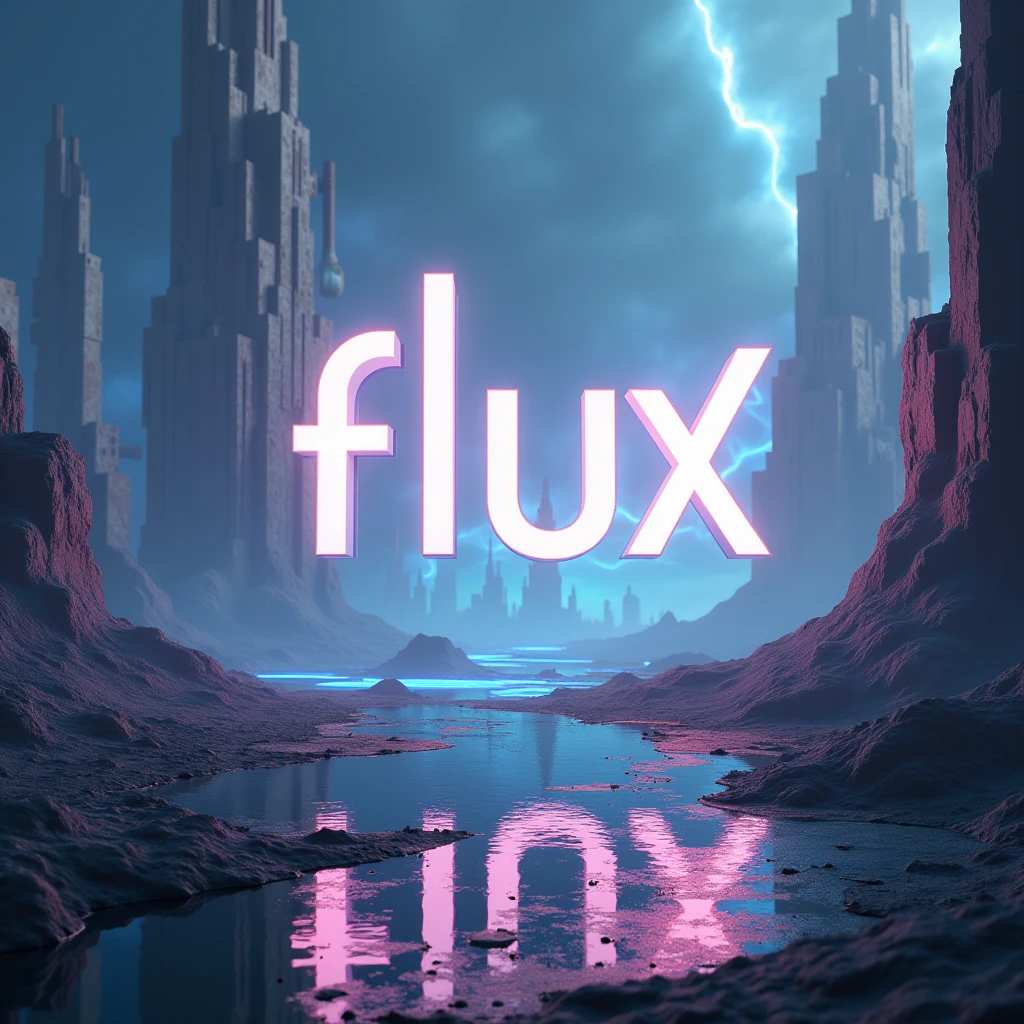 Poster font,The word "FLUX" floats in the air,Surreal landscape